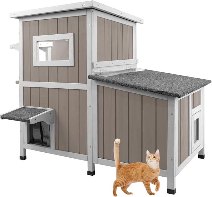 36.1" L Outdoor Cat House,2 Story Wooden Outdoor Cat Shelter with 3 Escape Doors,Weatherproof Fir Wood Feral Cat House with 2 Big Rest Rooms & Openable Asphalt Roof for 2-3 Cats