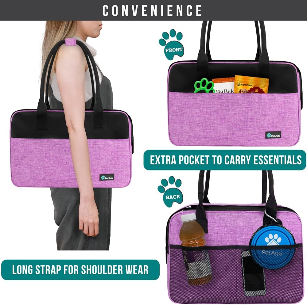 PetAmi Dog Purse Carrier for Small Dogs, Airline Approved Soft Sided Pet Carrier with Pockets, Ventilated Dog Carrying Bag for Puppy Cat, Dog Travel Supplies Bag, Sherpa Bed, Max 12 lbs, Purple
