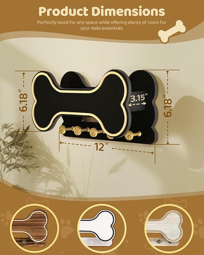 MTERSN Decorative Dog Leash Holder for Wall - Dog Stuff Organizer and Doggie Bone Key Holder Wall Mount with 5 Cute 3D Puppy Paw Hooks & Storage Shelf - Apartment Essentials (Black)