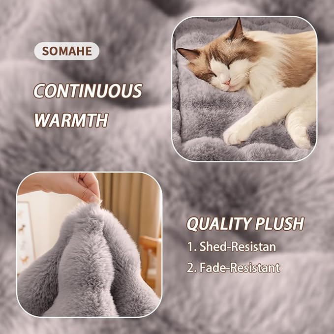 Cat Beds for Indoor Cats Faux Fur Pet Pad Mat Plush Kitten Bed with Non-Slip Bottom for Carriers/Couch Dog & Puppy Friendly 35 x 27 Inch X-Large Gery