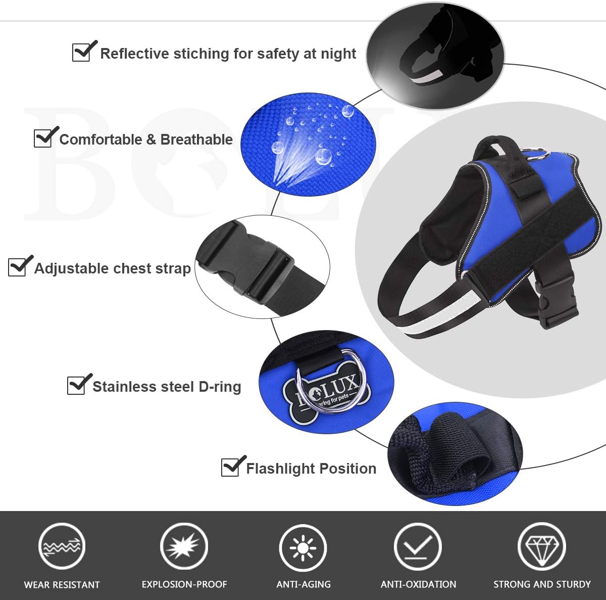 Bolux Dog Harness, No-Pull Reflective Dog Vest, Breathable Adjustable Pet Harness with Handle for Outdoor Walking - No More Pulling, Tugging or Choking (Blue, XS)