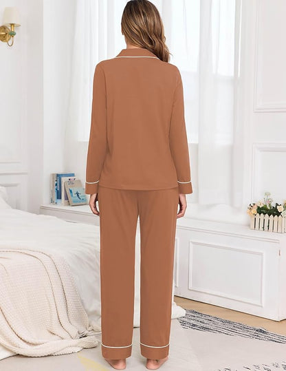 Veseacky 100% Cotton Pajamas for Women Set Long Sleeve Button Down Sleepwear Soft Pjs Lounge Sets with Pockets XS-XXL