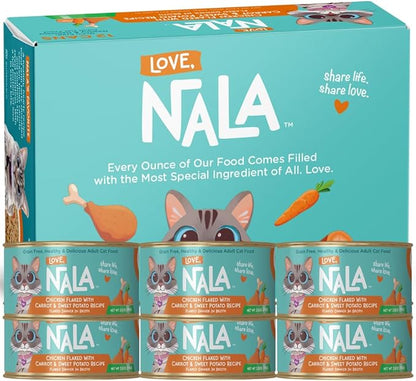 LOVE, NALA - Natural Adult Cat Wet Food - FLAKED Chicken with Carrot & Sweet Potato in Broth - Grain Free, Non-GMO, Lean Protein, Digestive Fiber Blend, Added Minerals & Vitamins - 12 Pack, 2.4 lbs.