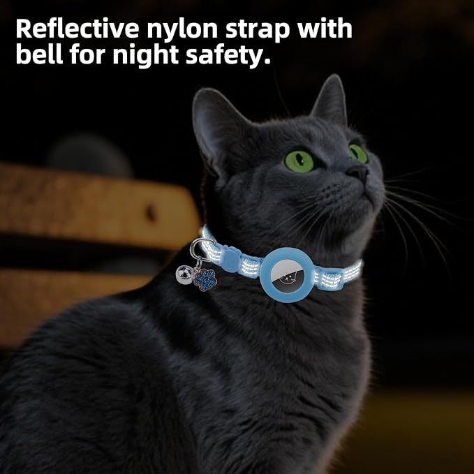 PUPTECK Airtag Cat Collar Breakaway 2 Pack with Bells, Reflective Kitten Collar with Air Tag Holder for Boy Girl Kitty and Puppies, Soft, Navy Blue & Light Blue