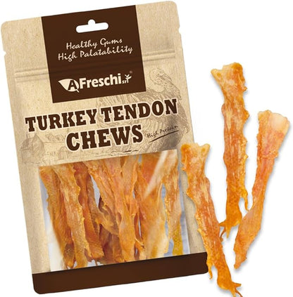 AFreschi Turkey Tendons for Dogs, USA-Sourced, Healthy Dog Treats, Rawhide-Free Puppy Chews, Long Lasting, All Natural, Hypoallergenic Dog Treats, Classic Series, Flaked, 3.5 oz Pack