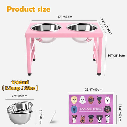 Raised Dog Bowl Stand 10 Inch Tall, Elevated Pet Feeder with 2 Stainless Steel Bowls (1700ml/58oz) & Anti-Spill Silicone Mat for Large Dogs, Stable Metal Frame Feeding Station, Pink