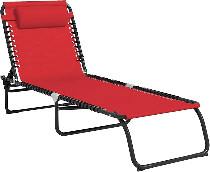 Outsunny Folding Chaise Lounge Chair, Patio Sun Tanning Chair, Outdoor Chaise Lounger with 4-Position Reclining Back, Breathable Mesh Seat for Beach, Poolside, Yard, Wine Red