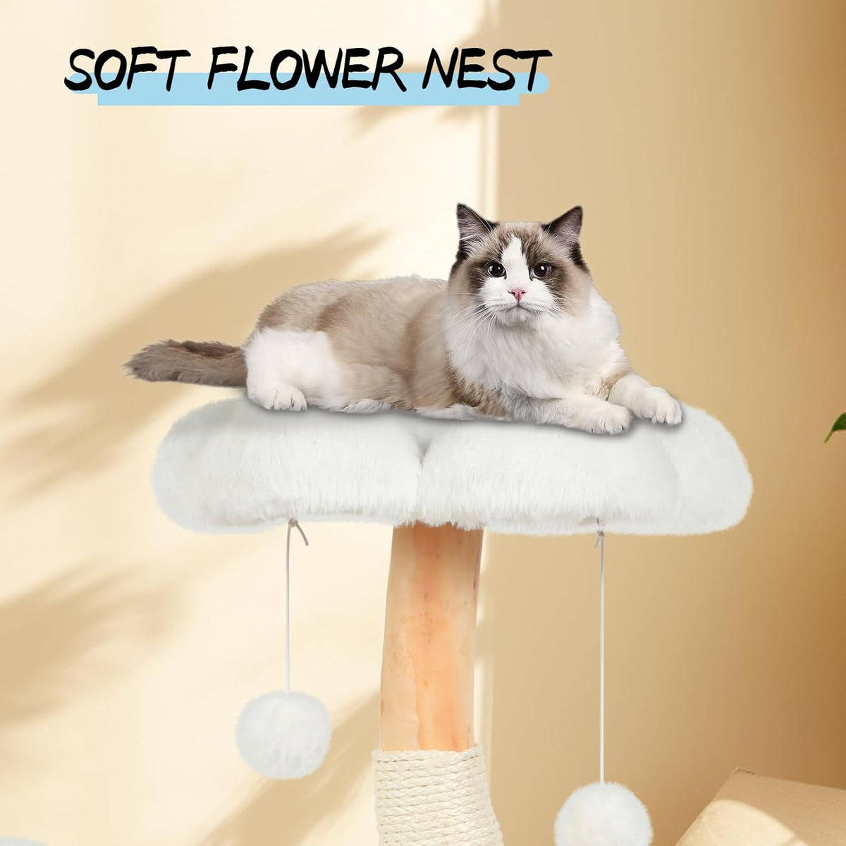 Cute Cat Tree Tower for Indoor Cats Adult, Wood Flower Cat Trees with 6 Pompoms, Modern Cat Tree Tower with Scratching Post, Aesthetic Luxury Cat Condo for Cats Kitten, Alpine White