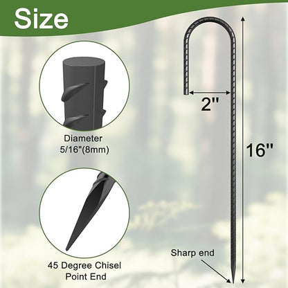 OK5STAR 16 Inch J Hook Rebar Stakes 10 Pack, Heavy Duty 5/16 Inch Diameter Black E-Coated Steel Wind Resistant Ground Anchors for Trampoline, Bounce House, Dog Kennel, Chain Link Fence & Gazebo