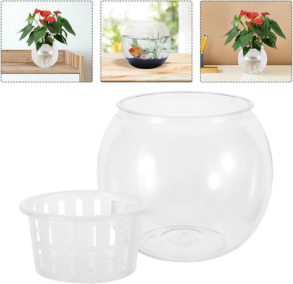HEMOTON Betta Aquarium Fish Plant Bowl Plastic Fish Terrarium Bowl with Hydroponic Basket Medium 110c for Living Room Desktop Office Decoration