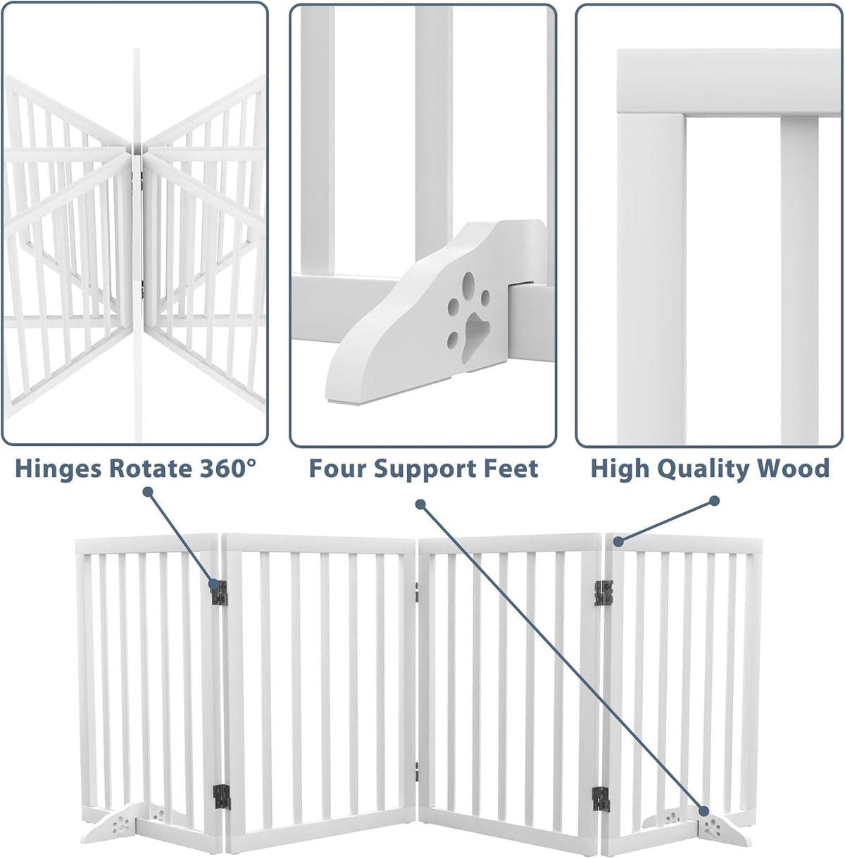 Wooden Dog Gate Freestanding Foldable Pet Gate 4 Panel Fully Assembled Dog Gates for Doorways House Stairs