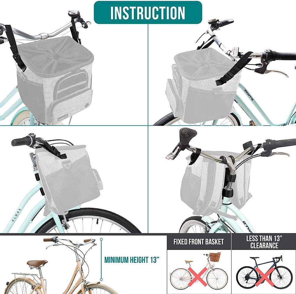 PetAmi Dog Bike Basket, Soft-Sided Ventilated Dog Bike Carrier Backpack, Pet Bicycle Basket for Bike Handlebar, Small Medium Puppy Cat Kitten Car Booster Seat with Safety Strap, Max 18 lbs, Gray