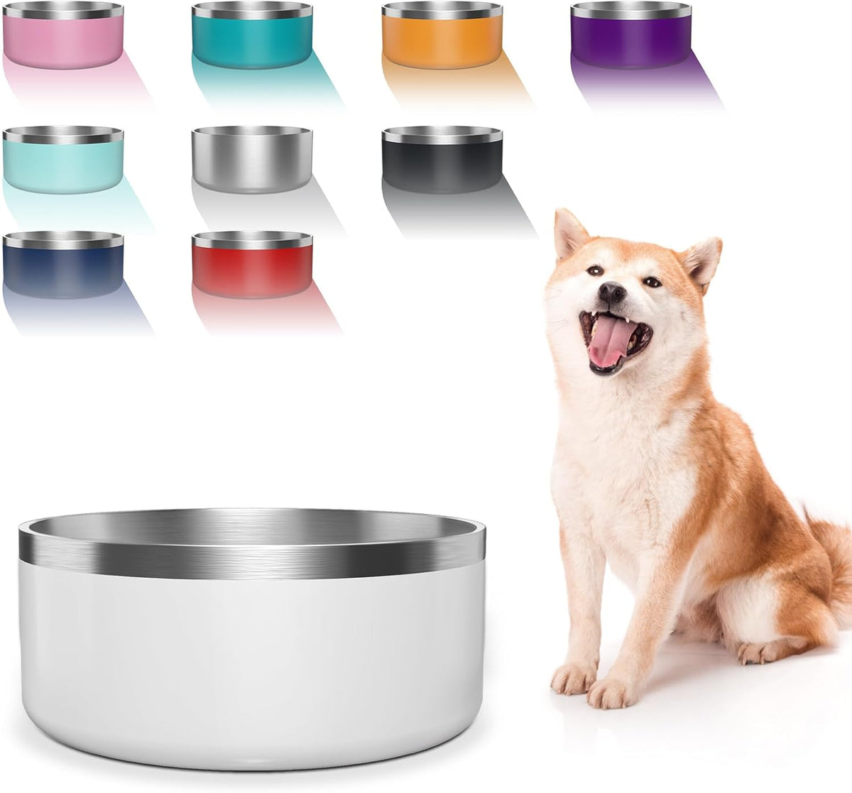 Dog Bowl, Stainless Steel Dog Food and Water Bowl with Non Slip Quiet Bottom, Easy to Clean, Dishwasher Safe, 64oz, White