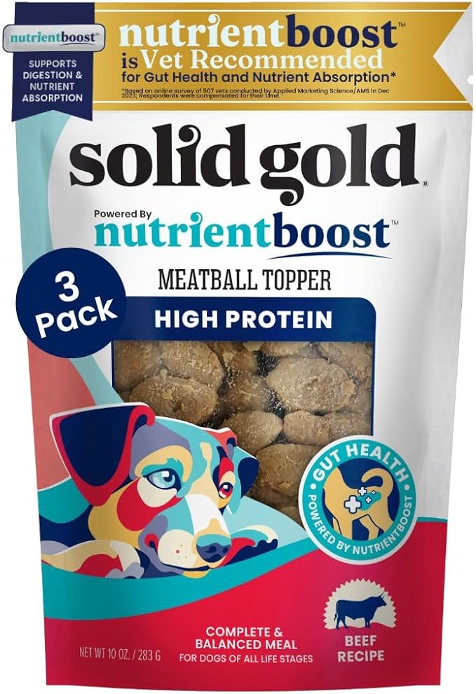 Solid Gold Meatball Dog Food Toppers for Dry Food- High Protein Beef Meatball Topper for Dogs - Complete Meal, Meal Mix in or Soft Dog Treats - Supports Gut Health - 3 Pack *Refrigerate After Opening*