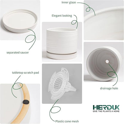 HERDUK 6 Inch Plant Pots, Ceramic Planter Pot with Drainage Hole & Saucer, Indoor/Outdoor Cylinder Round Planter Pot, Matte White