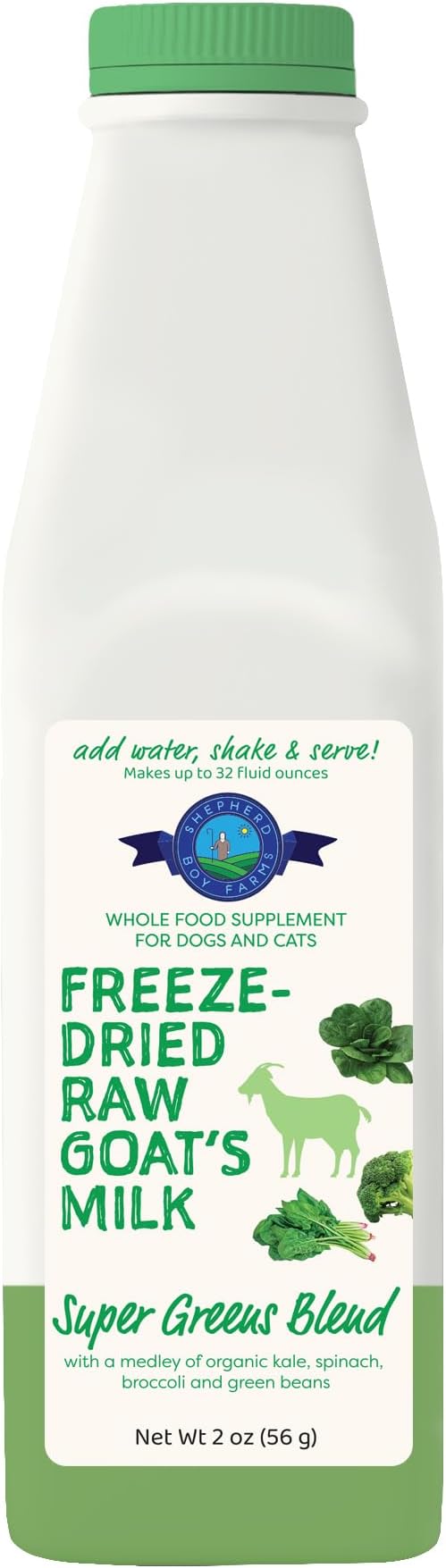 Shepherd Boy Farms Freeze Dried Raw Goats Milk with Probiotics for Dogs & Cats (Super Greens), Organic USA Veggies & Fruits, High Protein, Digestible Goat Milk Powder, Food Toppers - Makes 32 FL OZ