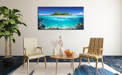 Tropical Island Coral Reef Landscape Canvas Wall Art for Living Room,Unique View Split Waterline Scenery,Beautiful Nature Summer Travel Scenic Picture Print Artwork Painting Decor,Inner Frame 30x60