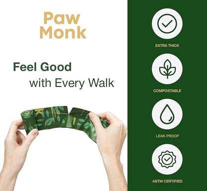 Paw Monk Certified Home Compostable Dog Poop Bags Rolls – Extra Thick, Strong & Leakproof, Easy Open – 120 Count Unscented Plant Based Pet Waste Bags