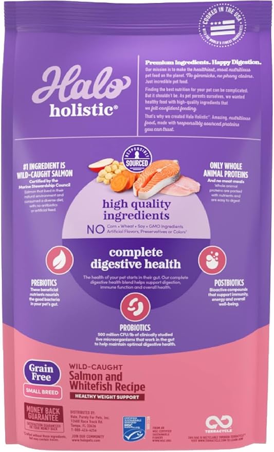 Halo Holistic Small Breed Dog Food, Wild Caught Salmon & Whitefish Recipe, Grain Free Dry Dog Food, for Healthy Weight Support, 3.5 lb Bag