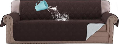 H.VERSAILTEX 100% Waterproof Couch Cover 4 Seater Sofa Slipcover Furniture Protector for Pets Kids Children Dog Cat with Non-Skid Backing (Oversized Sofa, Brown)