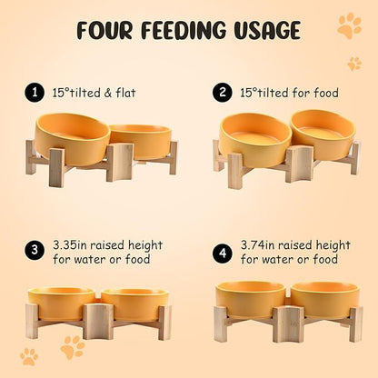 SPUNKYJUNKY 15° Slanted Ceramic Dog and Cat Bowl with Wooden Stand, Tilted Bulldog Food and Water Bowl No Slip Non-Spill for Cats Medium Dogs Big Face Pets 13.5 OZ (1.7 Cups, Yellow × 2)