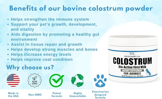 Bio-Active Bovine Colostrum for Dogs, Cats, Puppies, Kittens & Pets - Daily Colostrum Powder Supplement 40g (80 Servings)