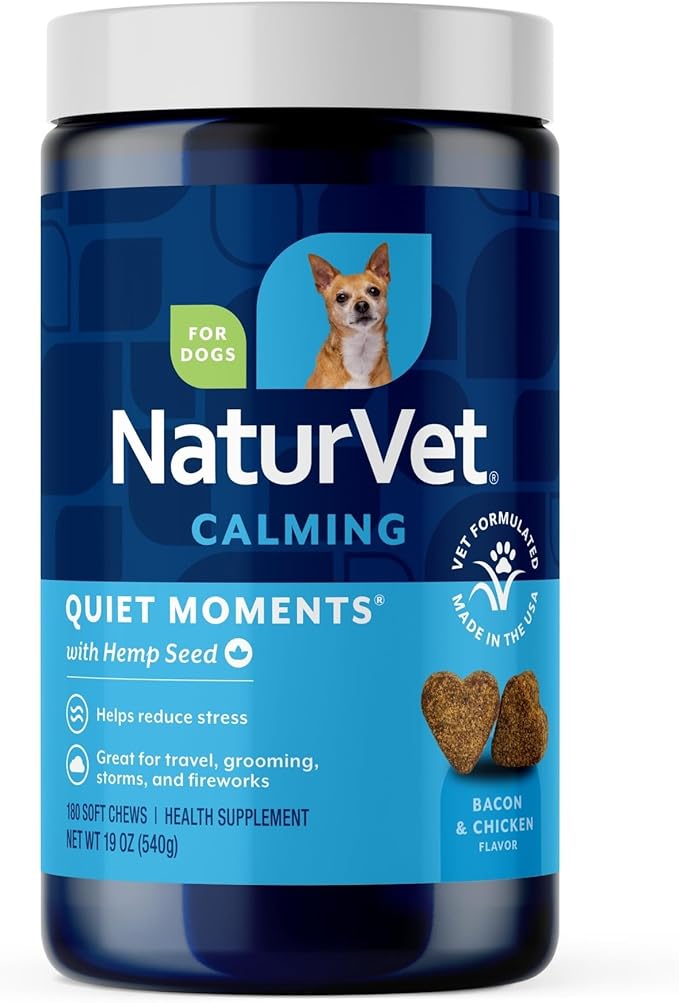 NaturVet Quiet Moments Calming Aid Dog Supplement, Helps Promote Relaxation, Reduce Stress, Storm Anxiety, Motion Sickness for Dogs (Quiet Moments Plus Hemp, 180 Soft Chews)