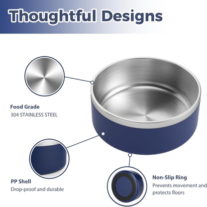 Stainless Steel Dog Bowl, Metal Water and Food Dish for Large Dogs, Insulated Non-Slip Pet Bowl, Easy Clean, 64oz, Blue