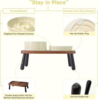 SPUNKYJUNKY Ceramic Elevated Dog Bowls with Slow Feeder Raised with Acacia Bamboo Wooden Stand, 6.1'' Dog and Cat Food Water Bowls Set Non-Slip for Small Medium Sized Breed - Beige