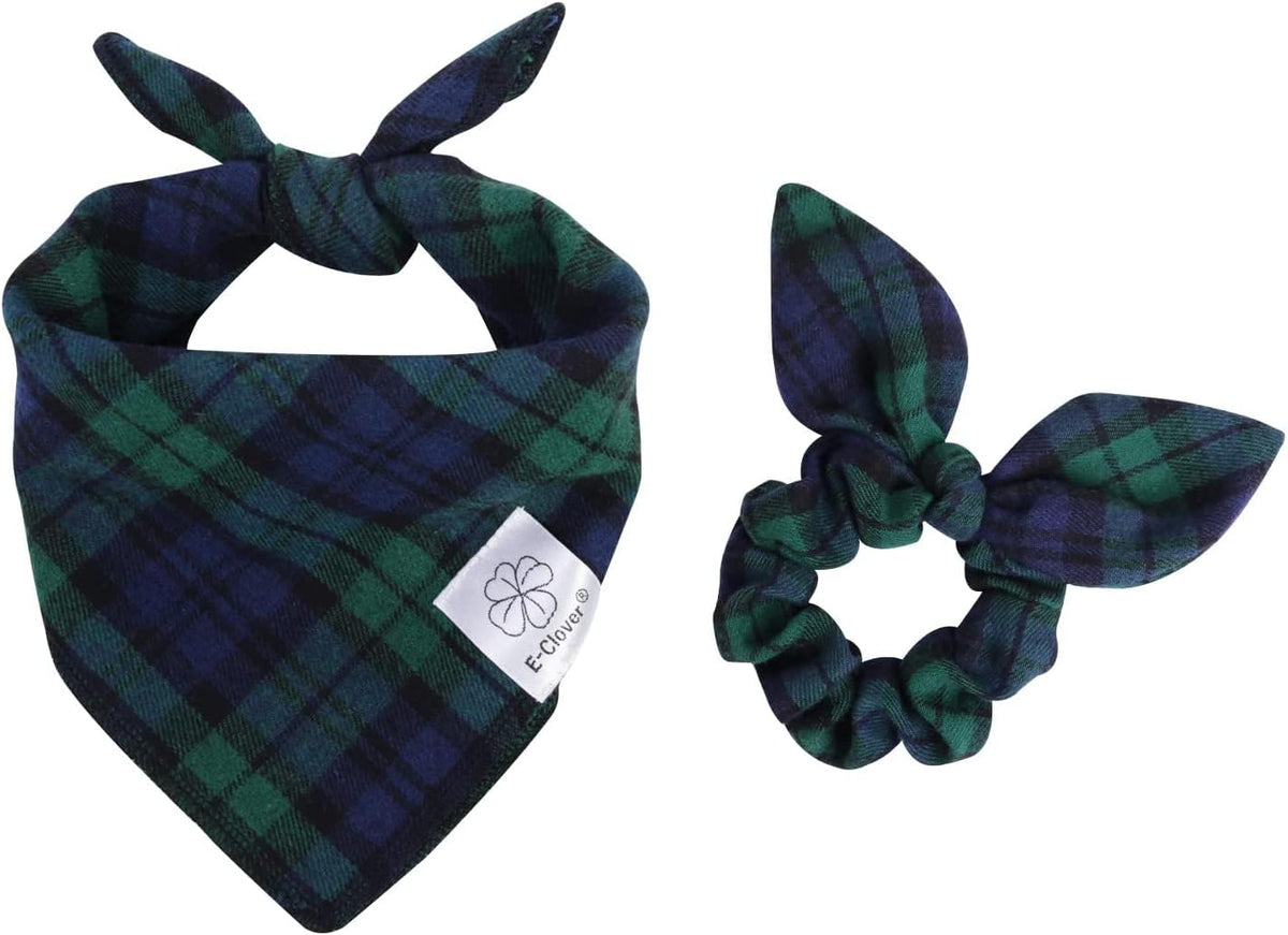 E-Clover Dog Bandanas Boy & Matching Scrunchie Set Plaid Scarf Kerchief for Small Dog Puppy Bandana Pet Owner Blue Green Fall