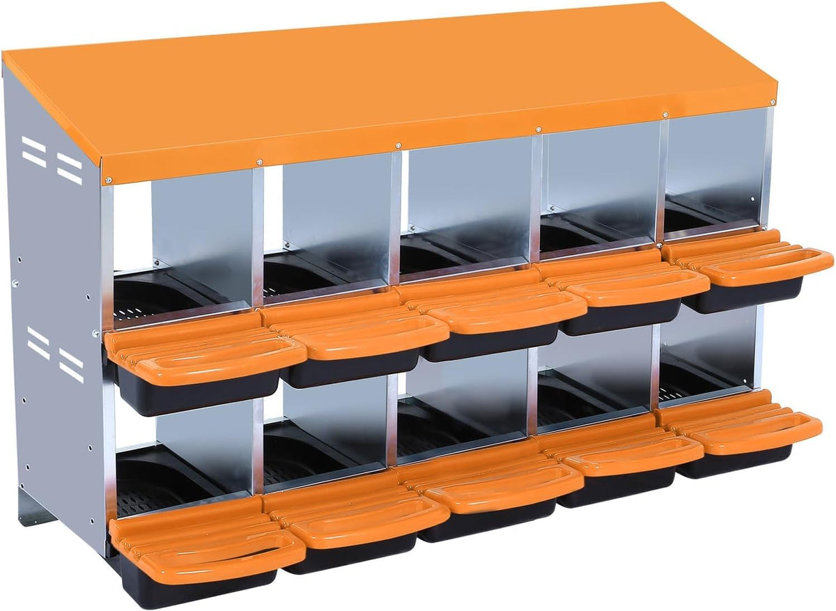 Chicken Nesting Boxes, 10 Hole Metal Chicken Laying Box with with Removable Trays and Roll Out Egg Collection for Chicken Coop, Orange