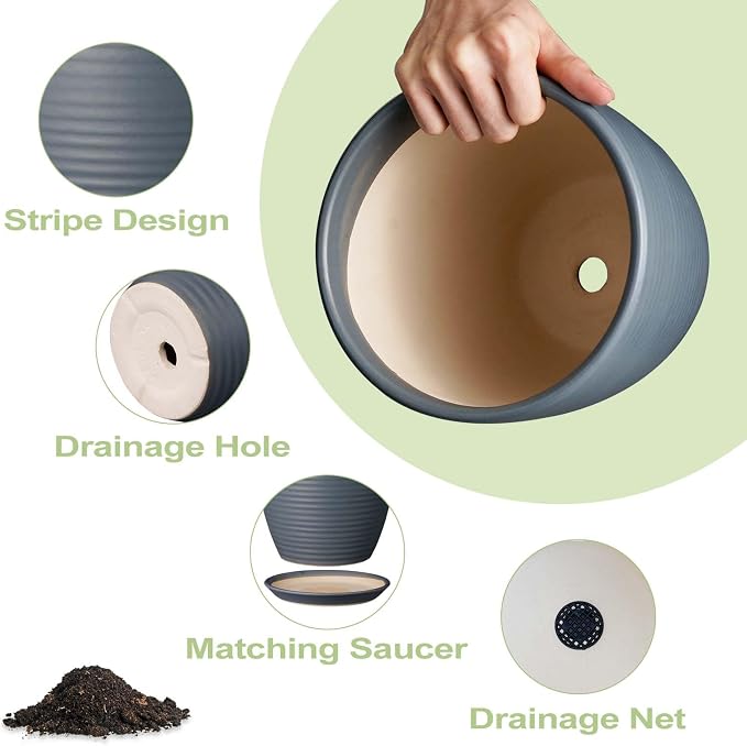 10 Inch Ceramic Planter Round Plant Pots for Plants Indoor Outdoor Glaze Large Flower Pot with Drainage Hole and Saucer Gray