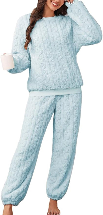 Pajamas Sets for Women Soft Comfy Fluffy Pajama Fleece Pullover Ribbed Pjs Warm Plush Lounge Sleepwear