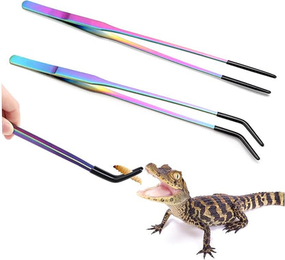 2PCS Stainless Steel Reptile Feeding Tongs with Rubber Tip, 10.6" Straight & Curved Long Tweezers, Perfect for Aquariums & Crafts - Ideal Bearded Dragon & Snake Tank Accessories, Terrarium Supplies