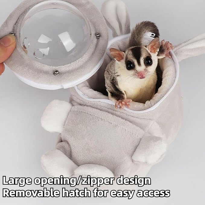 Sugar Glider Bonding Pouch Bonding Pouch Carry for Rat Syrian Hamster Hedgehog Small Pocket Pets, Gerbil Travel Bag Cute Bunny-Shaped Outing Bag with Large Transparent Window (Grey,Small)