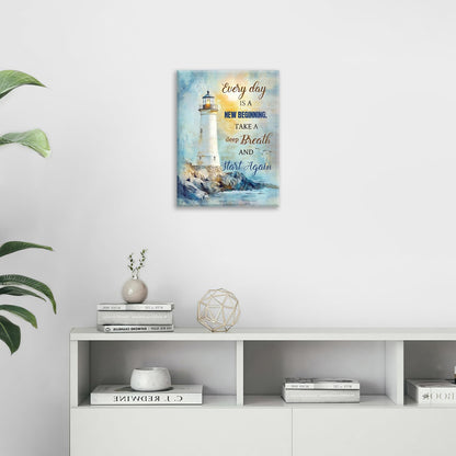 Ocean Lighthouse Pictures Wall Art, Coastal Nautical Bathroom Wall Decor Every Day is a New Beginning Motivational Quote Framed Painting Canvas Artwork for Bedroom Living Room Decorations 16"L x 12"W