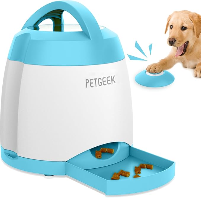 PETGEEK Automatic Dog Treat Dispenser with Button - Puzzle Memory Training Feeder, Pet Geek Button Treat Food Dispensing Toys Interactive, Iq Training Dog Feeder (Blue)