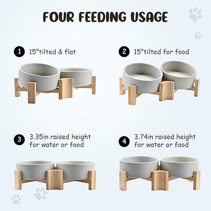 SPUNKYJUNKY 15° Slanted Ceramic Dog and Cat Bowl with Wooden Stand, Tilted Bulldog Food and Water Bowl No Slip Non-Spill for Cats Medium Dogs Big Face Pets 13.5 OZ (1.7 Cups, Grey × 2)