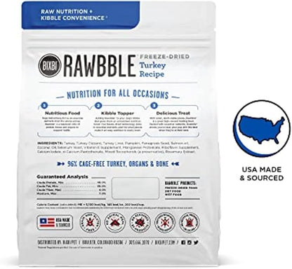 BIXBI Rawbble Freeze Dried Dog Food, Turkey Recipe, 12 oz - 96% Meat and Organs, No Fillers - Pantry-Friendly Raw Dog Food for Meal, Treat or Food Topper - USA Made in Small Batches