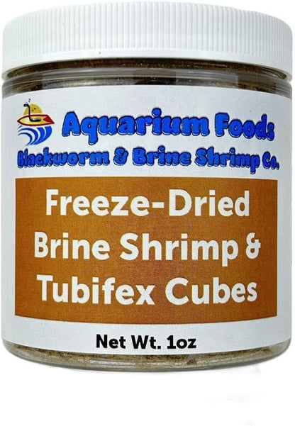 Aquatic Foods Inc. Brine Shrimp & Tubifex Worms - Freeze-Dried Brine Shrimp & Tubifex Cubes for Discus, Cichlids, Koi, Pond Fish, Aquatic Turtles, Tropical Fish, Marines…1oz Sm Round Jar