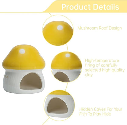 AnRui Ceramic Mushroom Aquarium Decor Cute Mini House Betta Fish Tank Accessories Decoration Hideaway Hideout Cave Ornament for Small Fish, Shrimp, Goldfish and Reptiles (Yellow, Large)