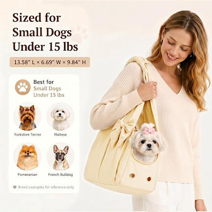 Fashion Dog Purse Carrier for Small Dogs and Cats, Soft-Sided Puppy Tote Bag Under 15 lbs, Lightweight Pet Carrier with 4 Pockets, Smart Zipper Lock, Pet Travel Bag for Travel Outdoor(Beige)