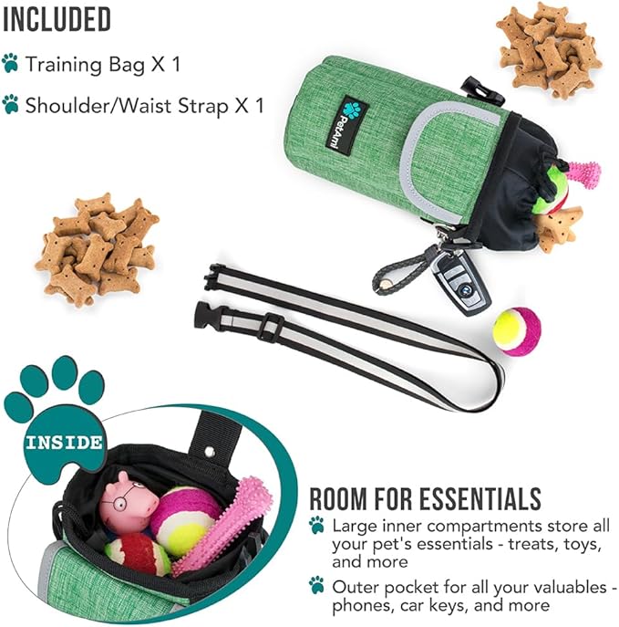 PetAmi Dog Treat Pouch, Large Pet Training Treat Pouch with Pocket, Dog Trainer Essentials Supply Holder with Poop Bag Dispenser, Training Bag for Kibbles Toys, 3 Ways to Wear (Green)