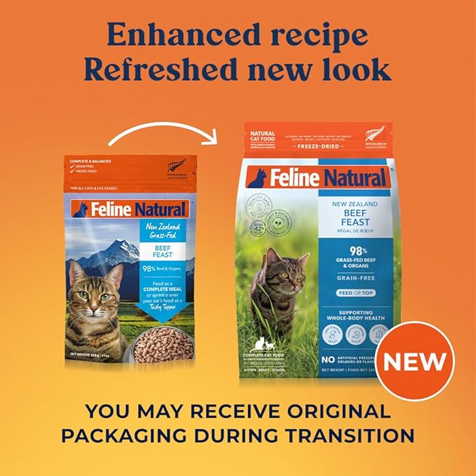 Feline Natural High Protein Dry Cat Food, Freeze-Dried Diet with 98% Meat, Organs & Seafood, No Peas, Grains, or Artificial Additives, Made in New Zealand, Beef, 11oz