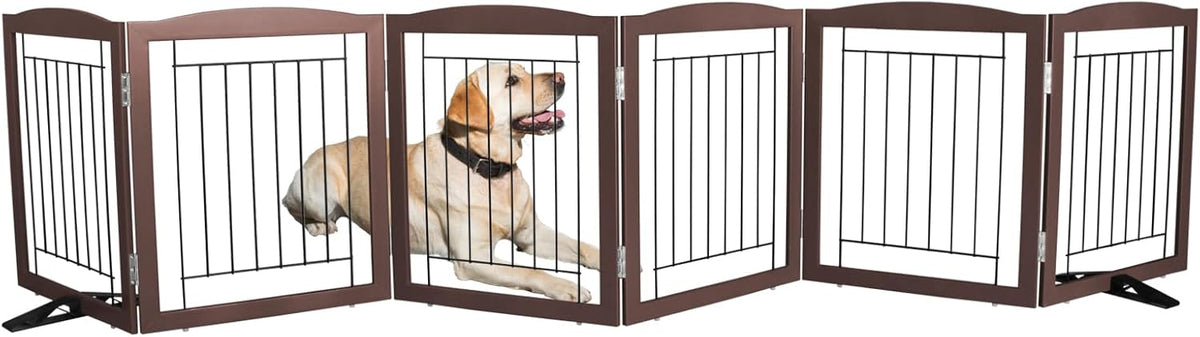 ZJSF Freestanding Dog Fence Indoor, Foldable Dog Gate for Doorways, Stairs or Hallways, Sturdy Wood Extra Wide Pet Gate with Support Feet for The House, Brown, 24 "Height-6 Panels