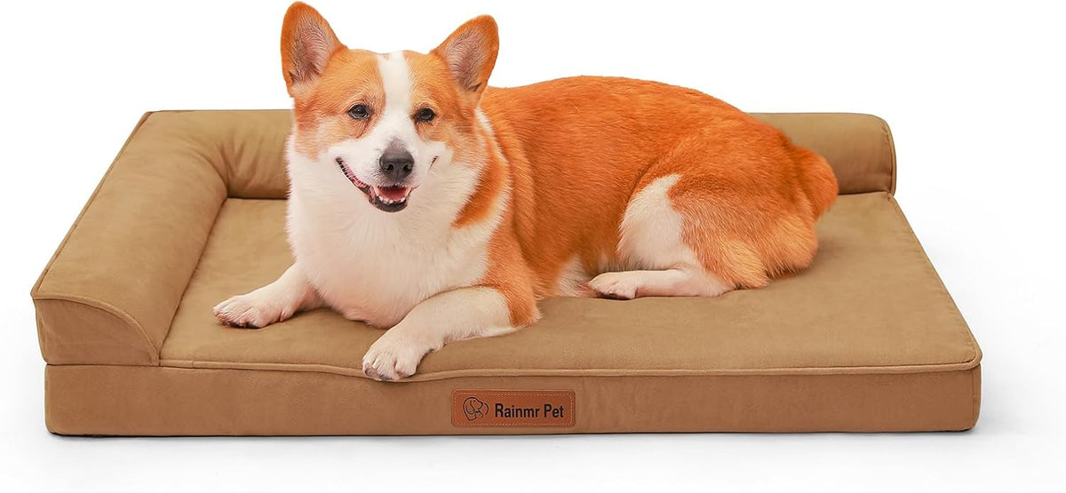 Upgraded Large Dog Bed, 3" Memory Foam with Waterproof Liner, Chew Resistant Microsuede Cover, Removable and Washable, for Indoor, Outdoor, and Car Use, Nonskid Base, 41x27 Inches XL Khaki