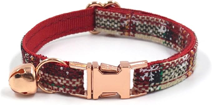 Personalized Cat Collar with Bells,Velvet Customized Small Cat Collar with Name Tag,Pet Collar with Name Phone Number Engraved ID Tags for Boy and Girl Kitten Cats (Khaki Christmas cat Collar)