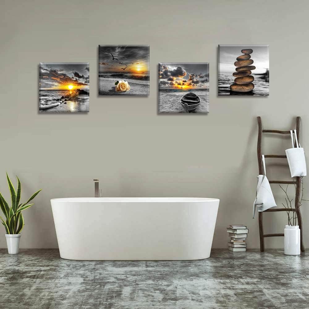 Yxbhhym Black and White Gold Beach Wall Art Ocean Canvas Seascape Prints Posters Zen Wall Decor Sea Sunrise Scenery Wall Pictures Coastal Paintings for bathroom Wall Art Framed -12"x12"inches x 4 pcs