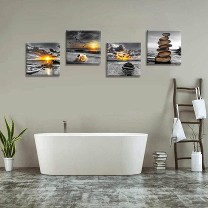 Yxbhhym Black and White Gold Beach Wall Art Ocean Canvas Seascape Prints Posters Zen Wall Decor Sea Sunrise Scenery Wall Pictures Coastal Paintings for bathroom Wall Art Framed -12"x12"inches x 4 pcs