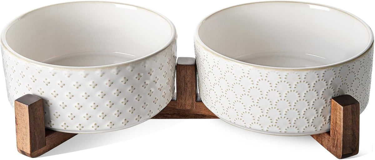 LE TAUCI Ceramic Dog Bowls with Acacia Wood Stand - 7 Inch Food & Water Set for Medium-Large Dogs - Weighted Pet Bowls
